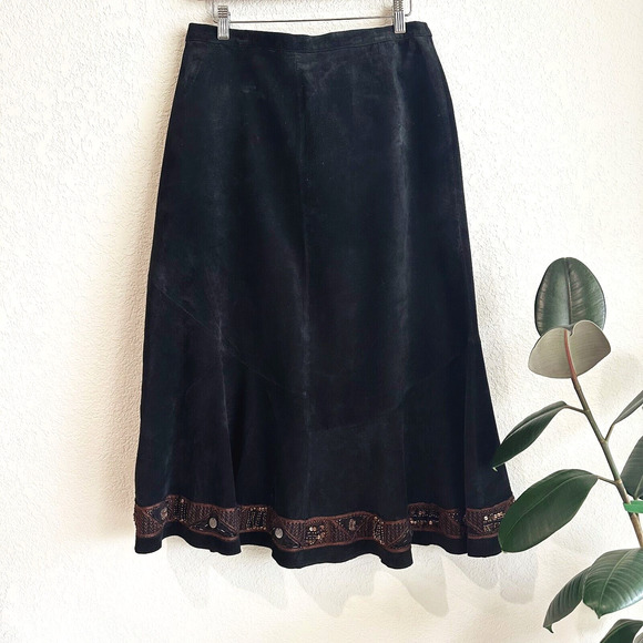 Chicos Womens Suede Maxi Skirt Size 2/Large/12 Embellished Boho Hippie Beaded - Picture 1 of 10